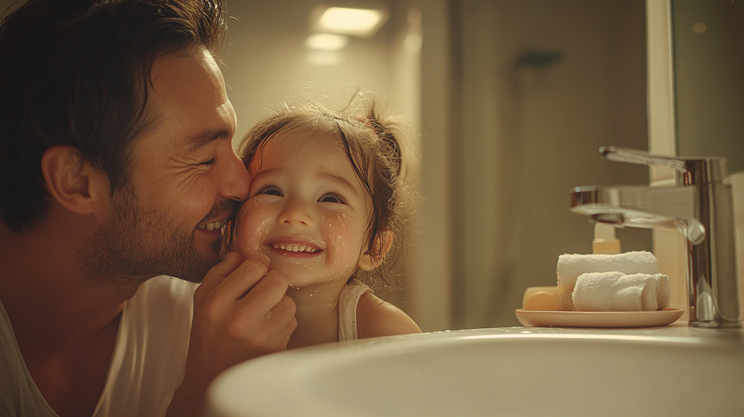 Dad Comforts Crying Daughter in Cozy Bathroom