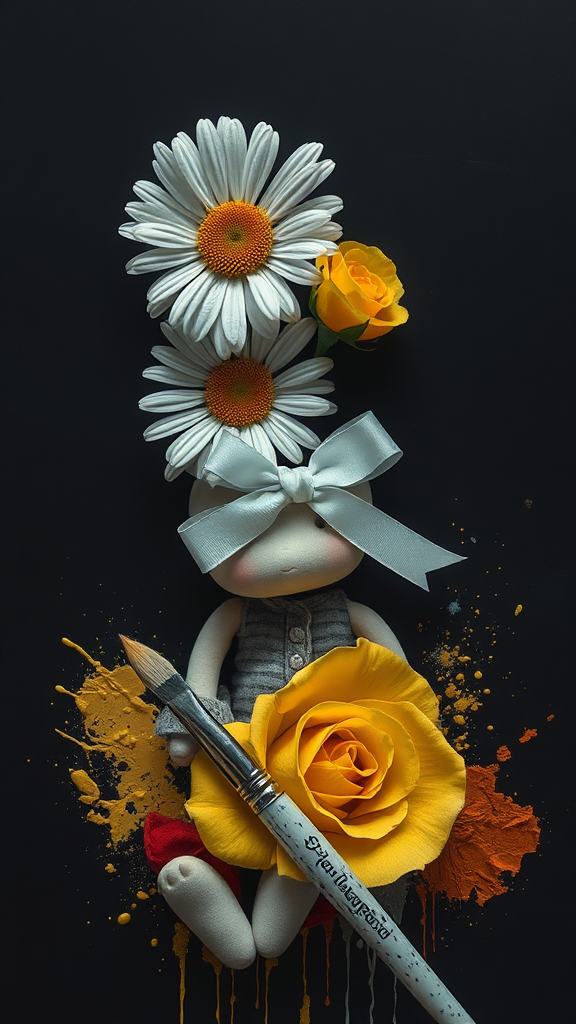 Daisy, Rose, and Broken Doll with Paint Splatters