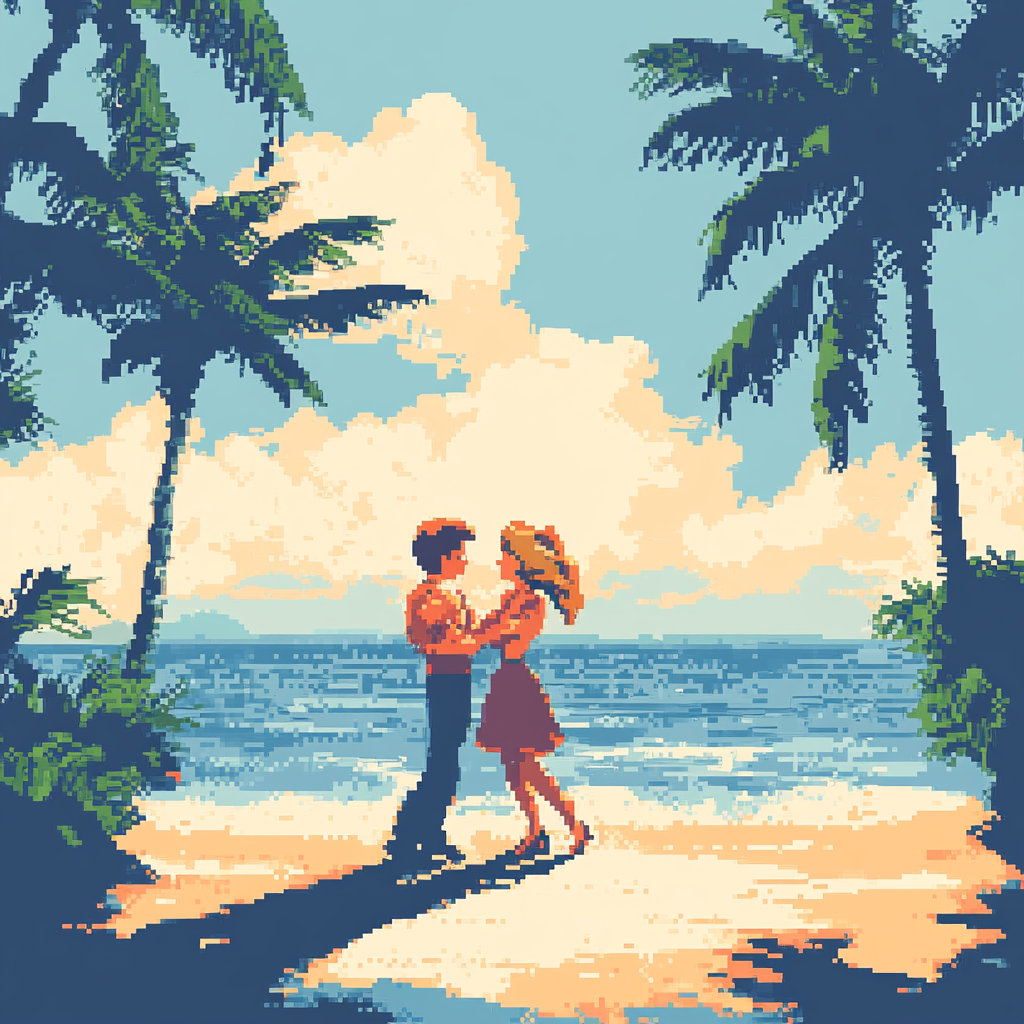 Dancing cartoon couple on beach in old video game