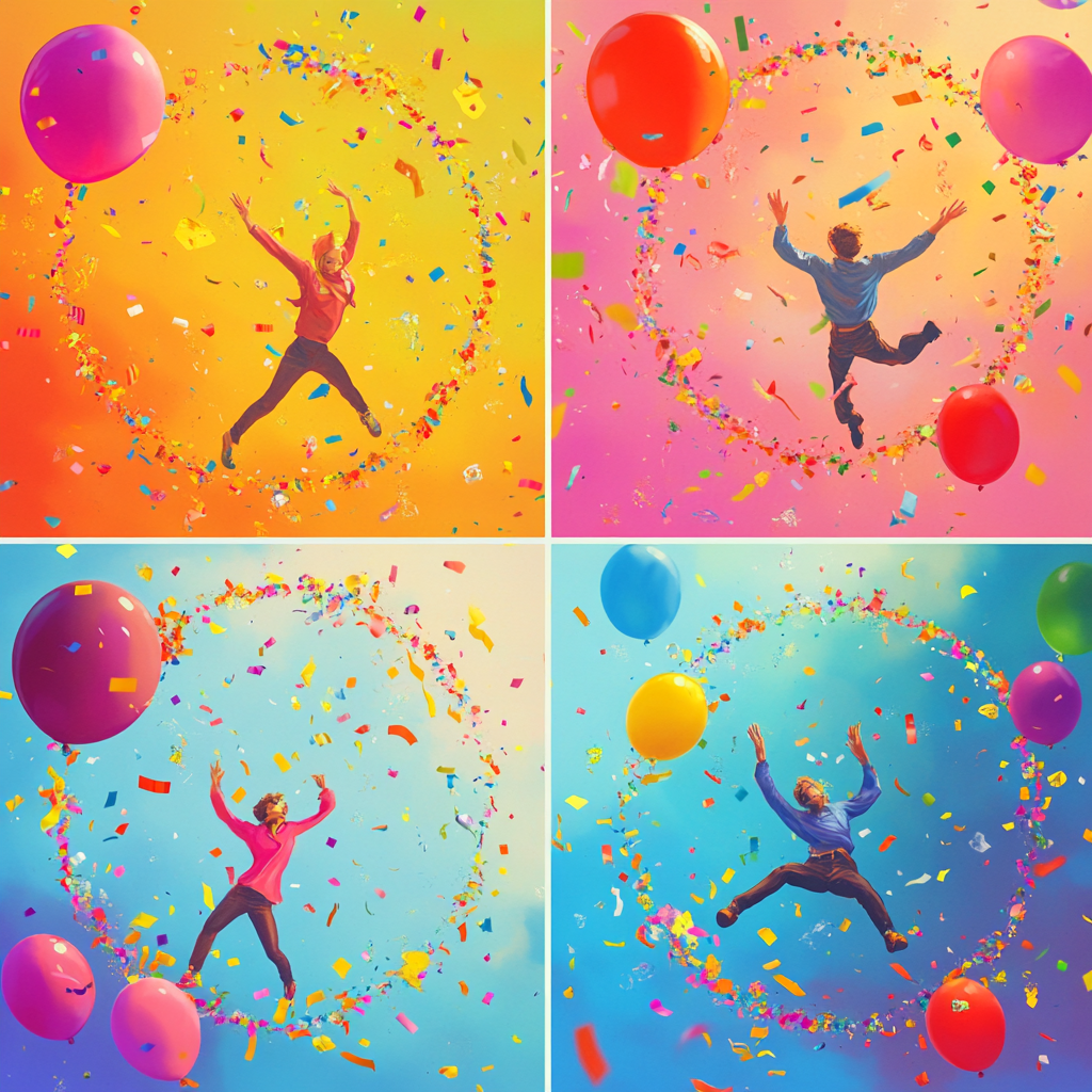 Dancing circle in colorful party with balloons and confetti.