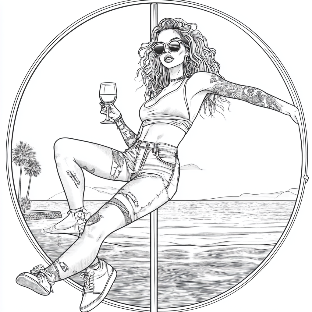 Dancing woman with wine on pool dance pole