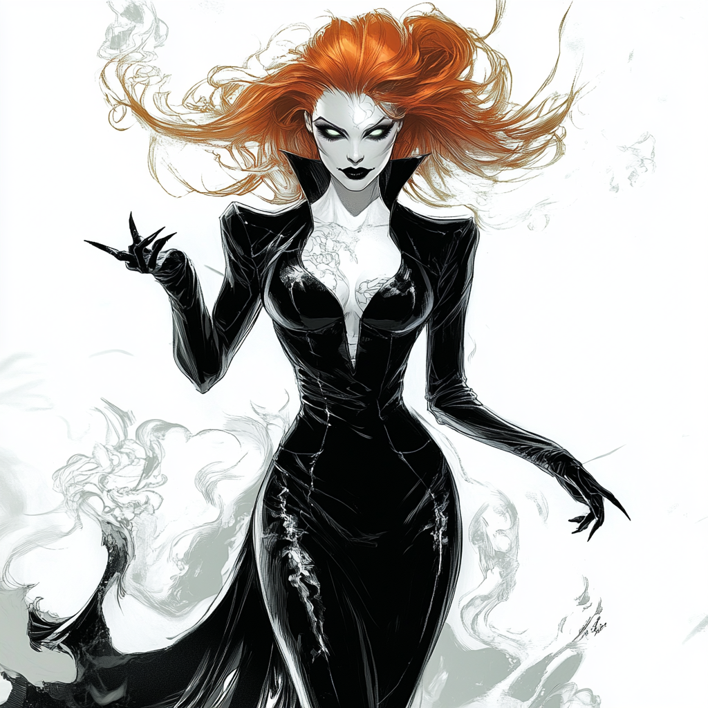 Dark, elegant, colorful female villain in stunning black dress.