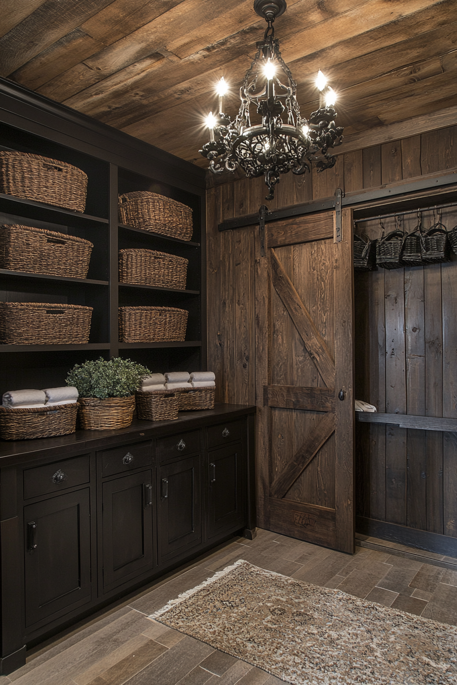 Dark, elegant Western Gothic laundry room with vintage decor.