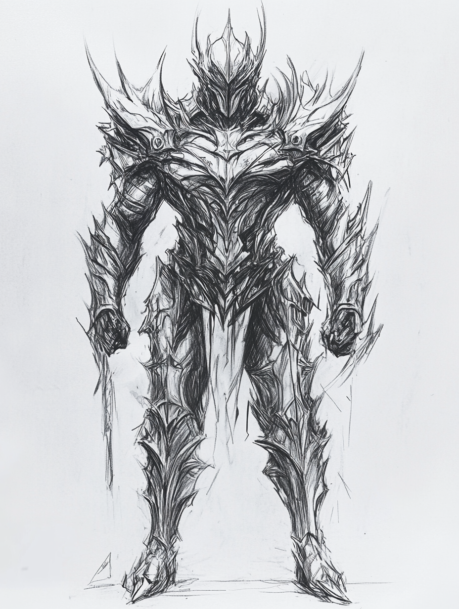 Dark, imposing, powerful armor-wearing protagonist with confidence.