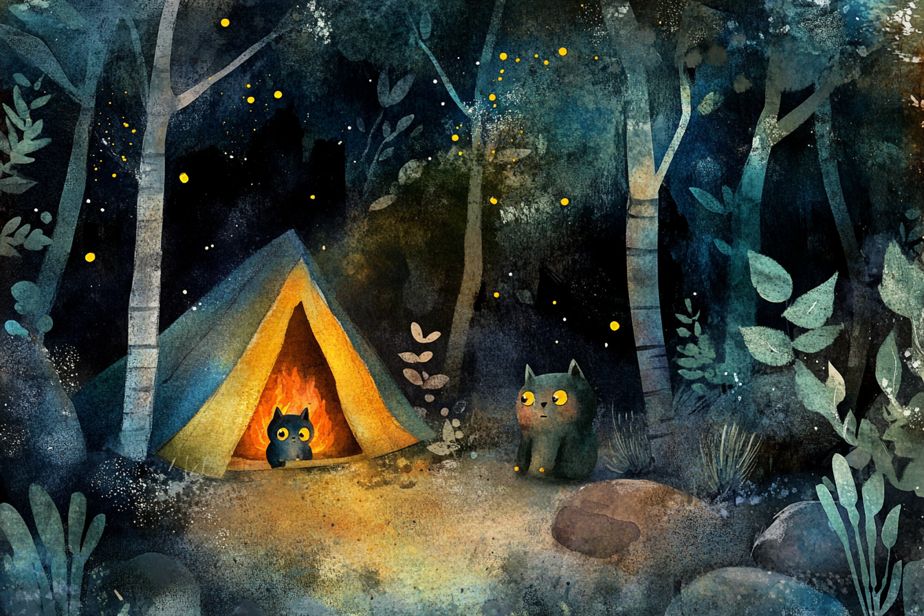 Dark Forest with Cute Animals, Kids, Fire, Book - Watercolor - AR 3:2