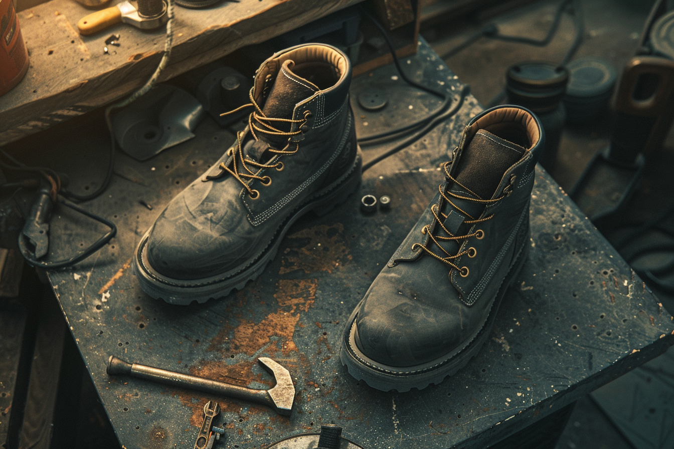 Dark Grey Boots and Handyman Tool: Industry Style