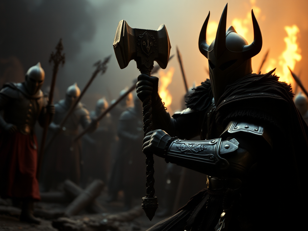 Dark fantasy film screengrab, retro style, powerful warhammer battle.