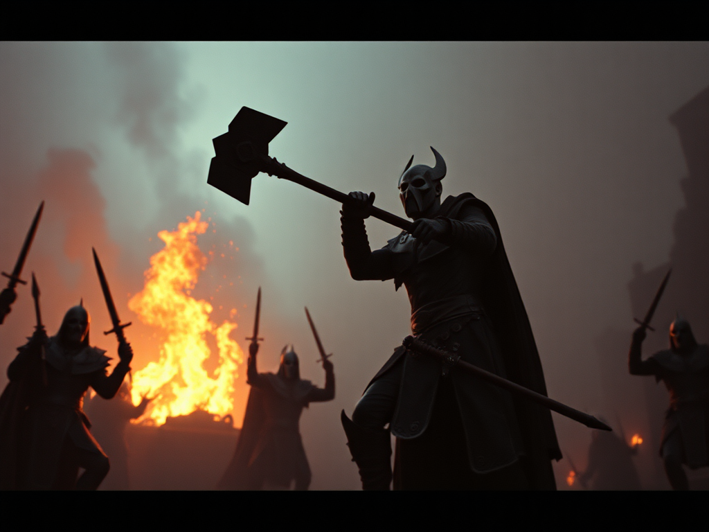 Dark fantasy film screengrab: warrior preparing powerful warhammer.