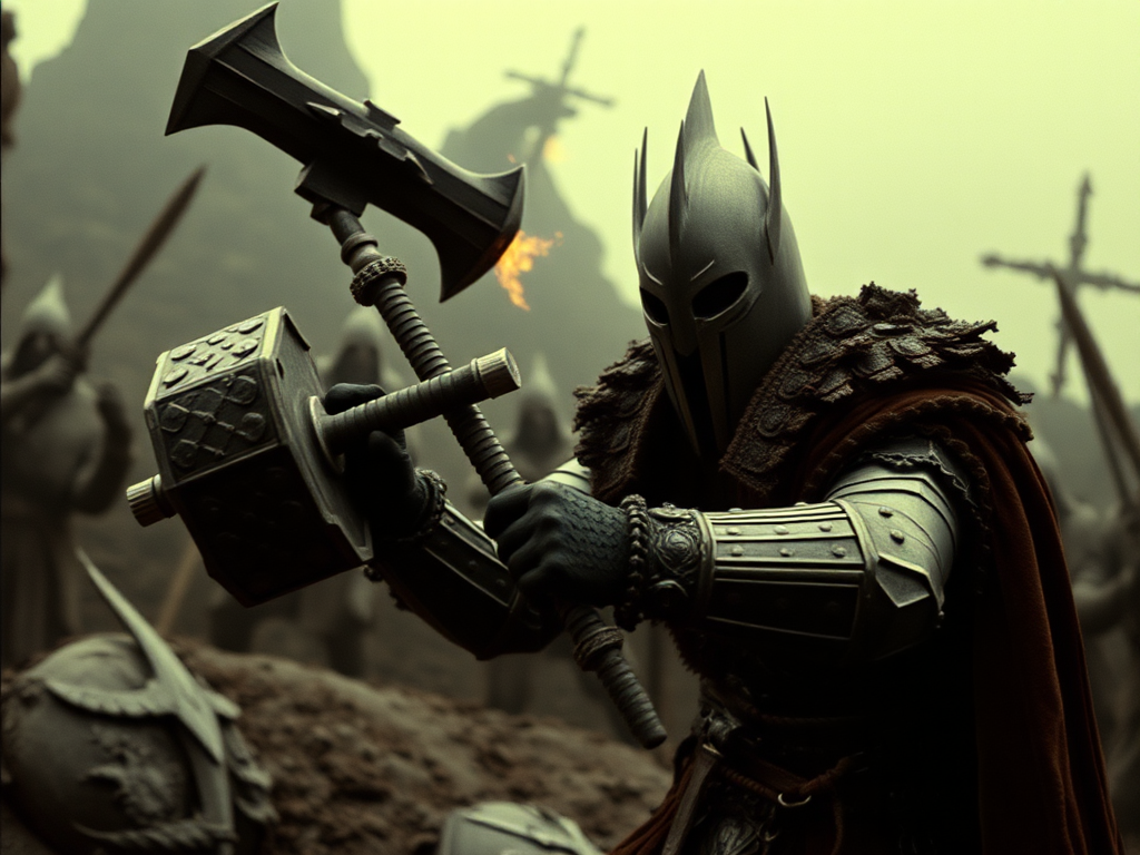 Dark fantasy film screenshot: warrior prepares powerful warhammer.