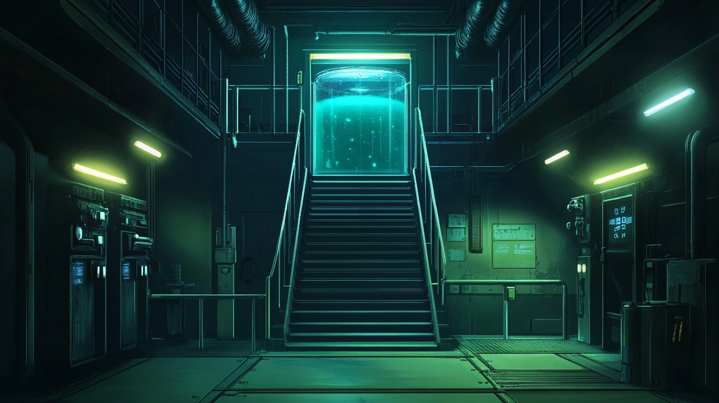 Dark laboratory stairs with Samus Aran in bio container.