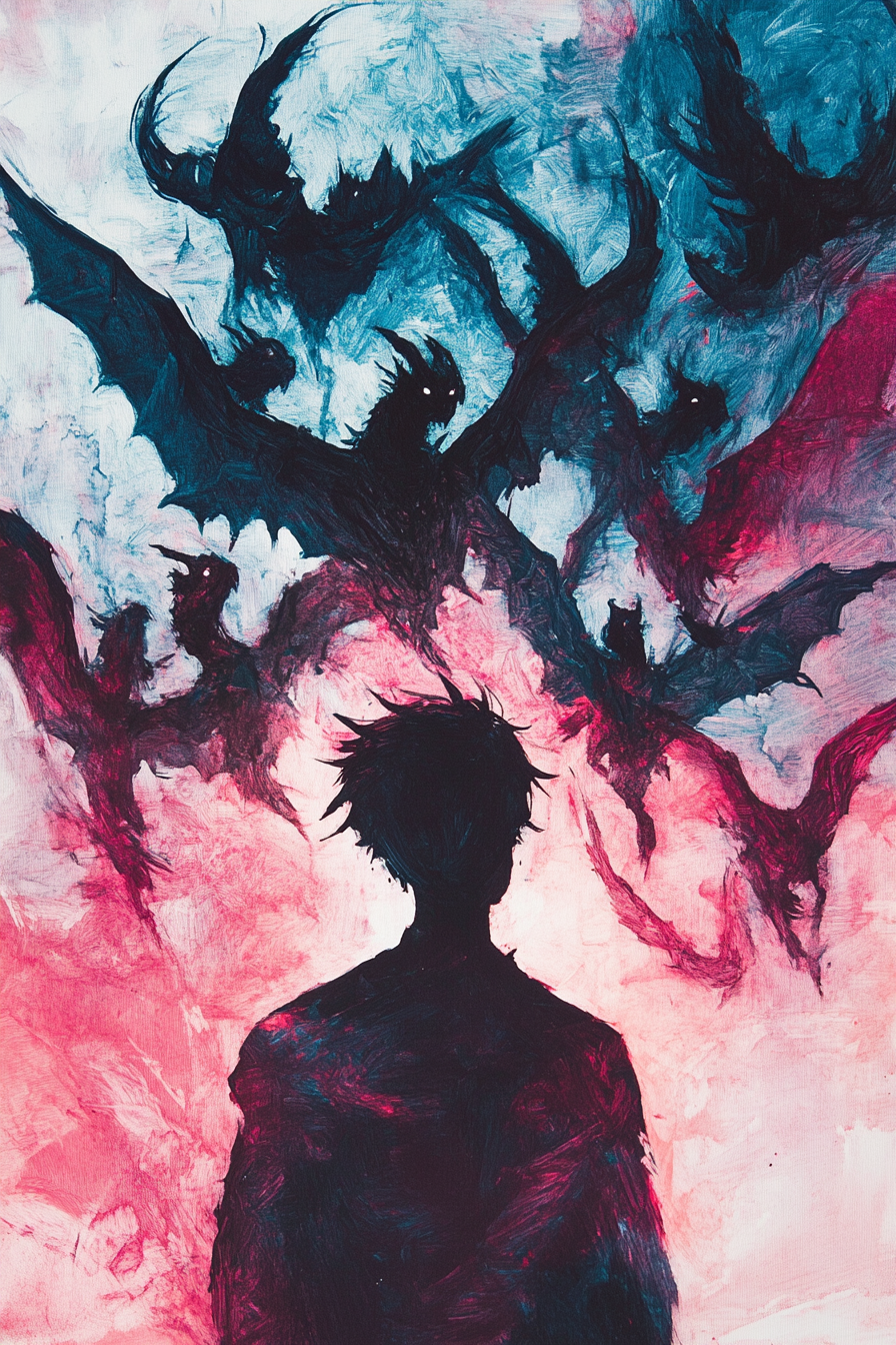 Dark silhouette surrounded by flying demons in colorful sky
