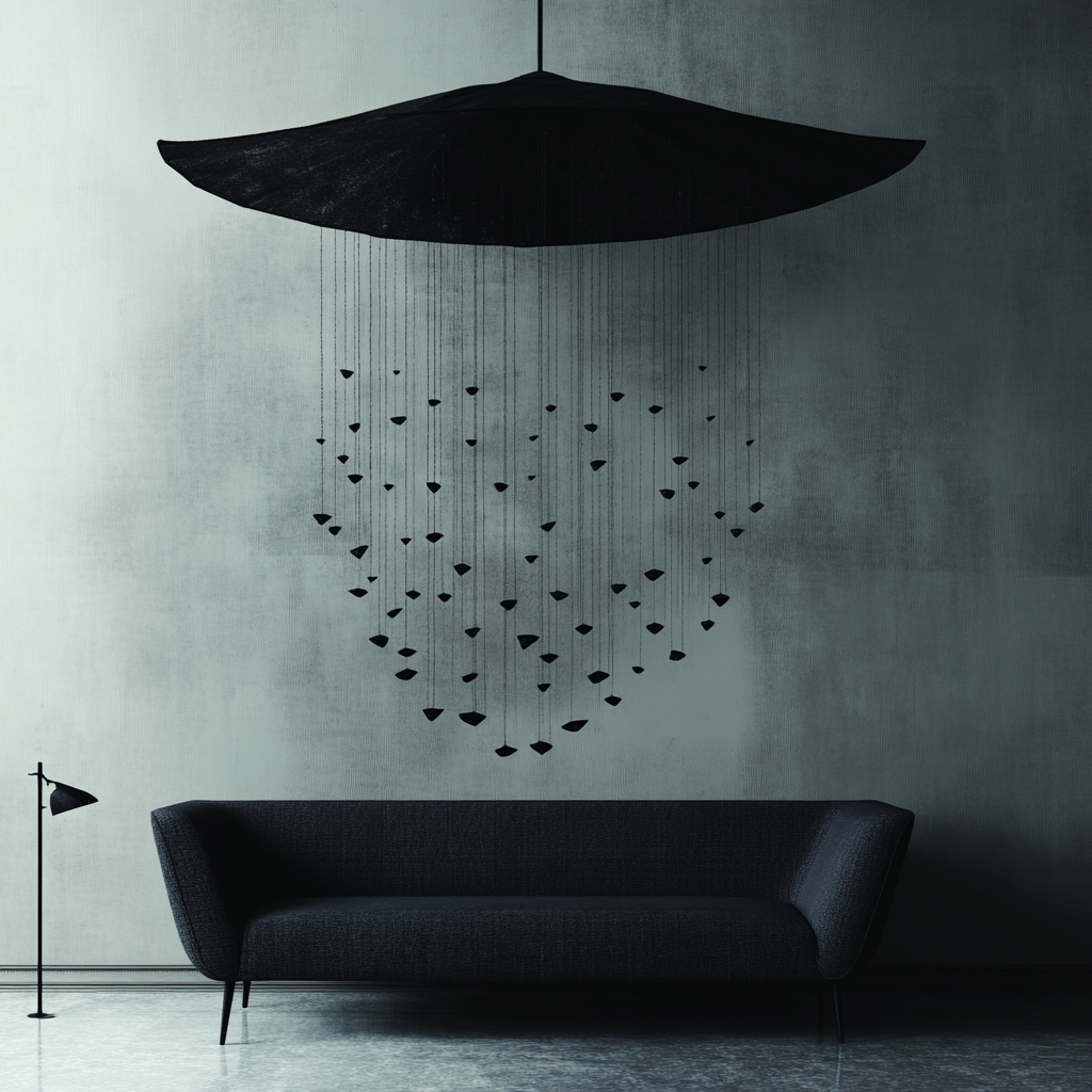 Dark umbrella hangs over black sofa, eerie room