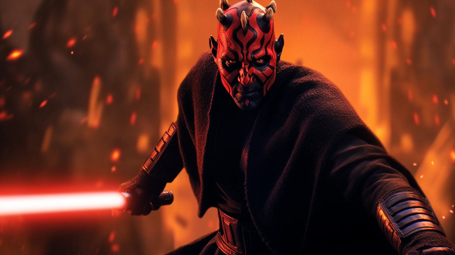 Darth Maul ready with red lightsaber in flames