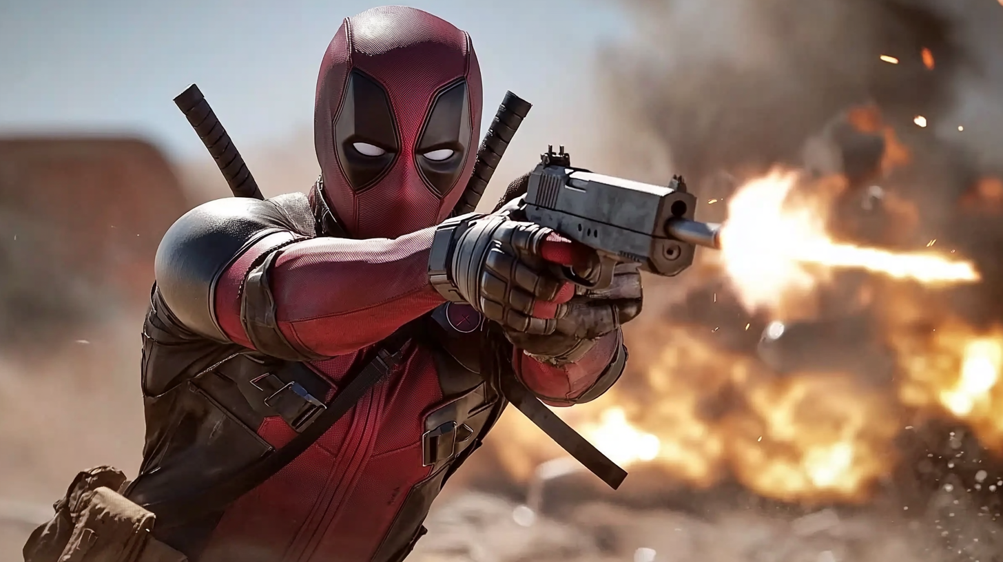 Deadpool aiming with two golden guns in movie.