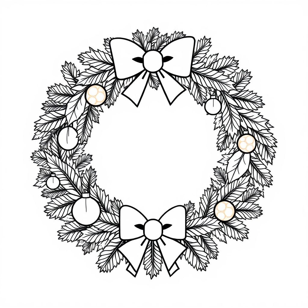 Decorate Christmas wreath coloring page with ornaments.