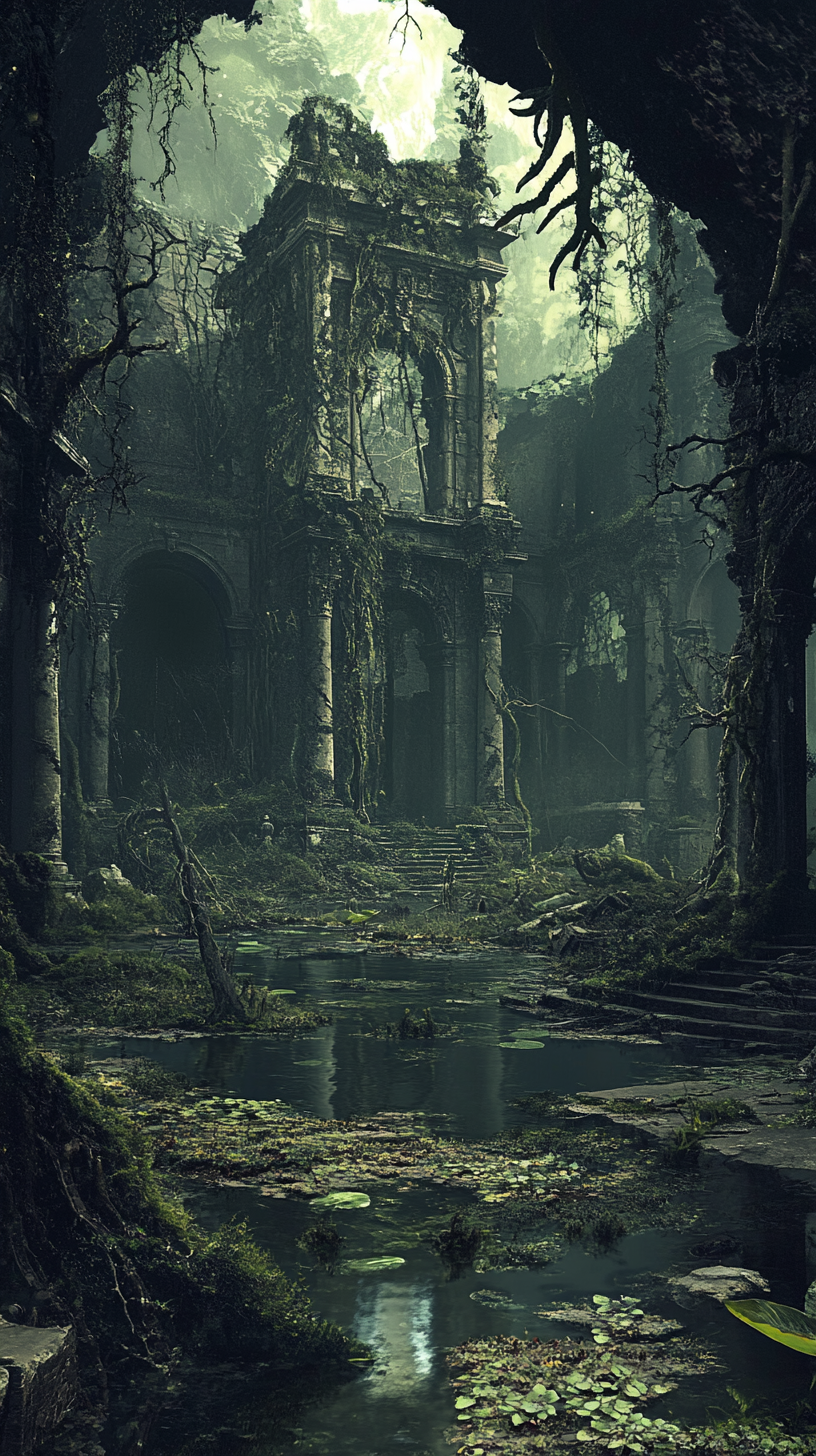 Decrepit temple surrounded by shadowy swamp, haunting specters linger.