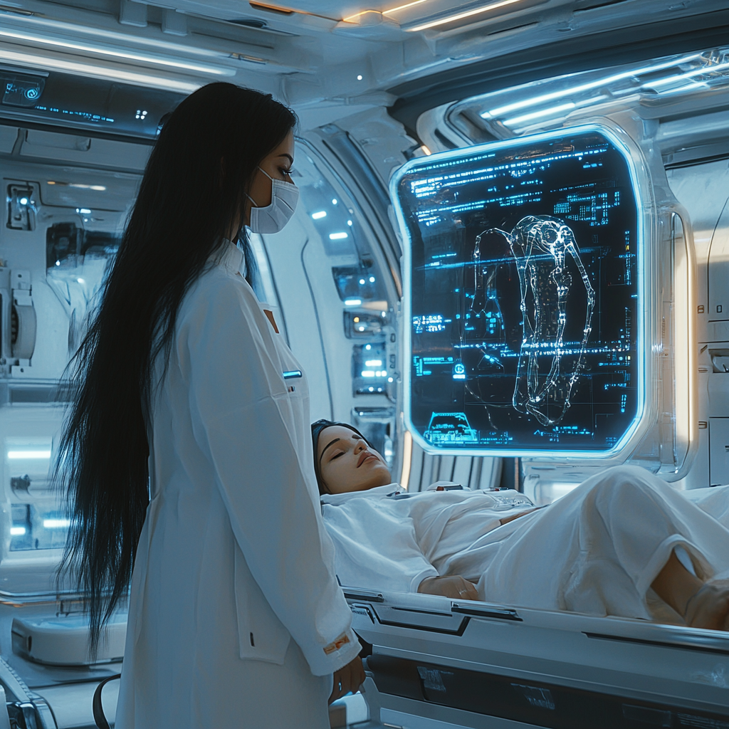 Dedicated doctor in futuristic spaceship medical bay