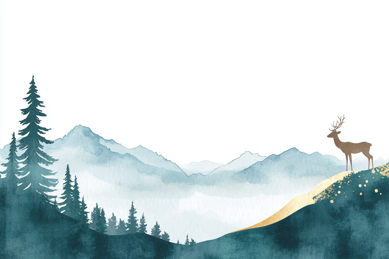 Deer on hilltop, forest, mountains, simple watercolor style.
