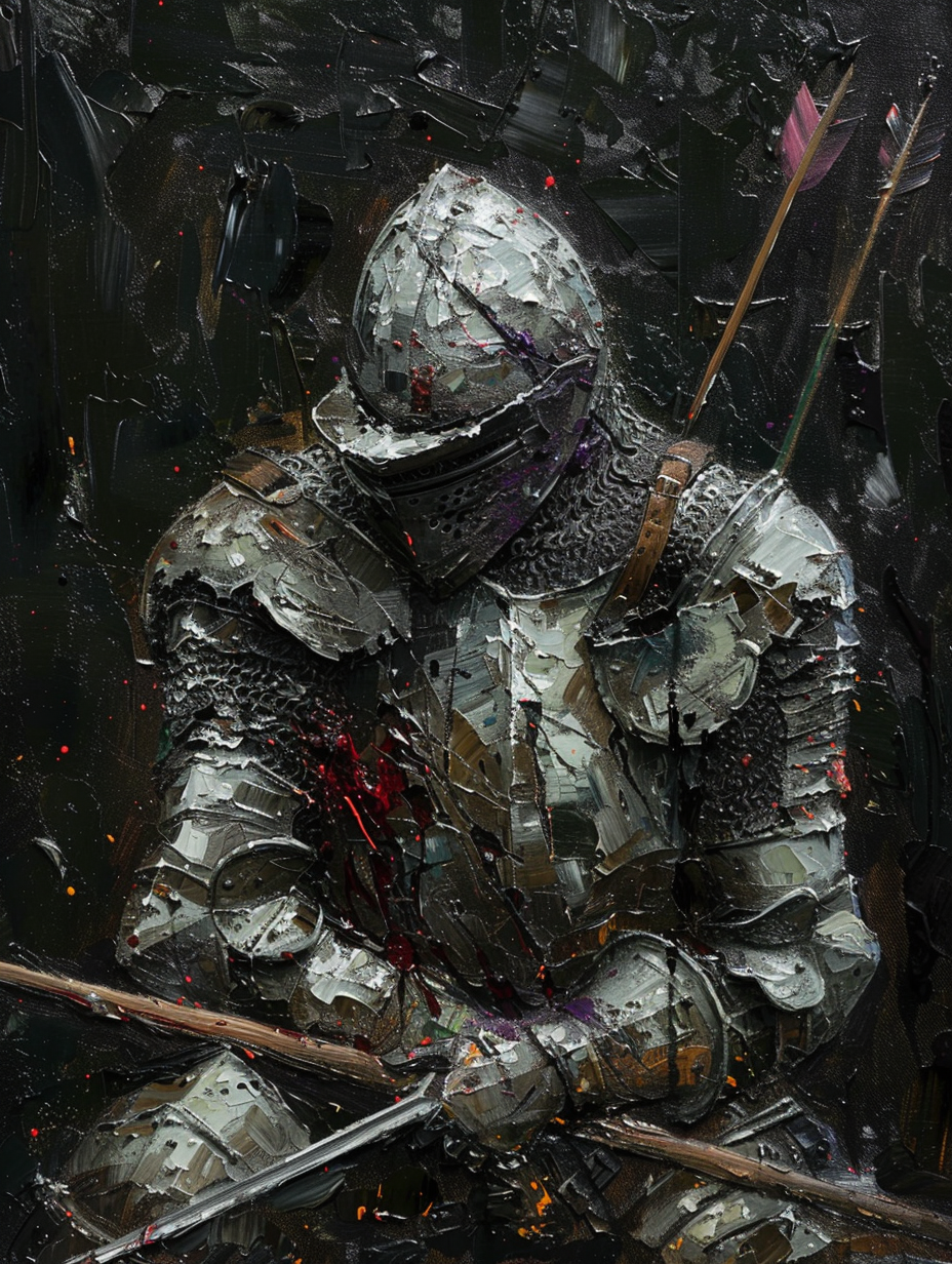 Defeated knight in armor, two arrows, bold colors.