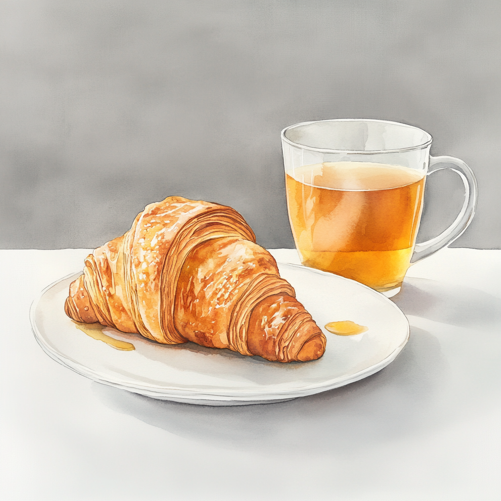 Delicate croissant, honey, tea on porcelain plate