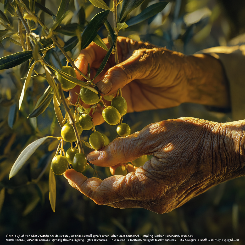 Delicate hands picking green Iranian olives softly