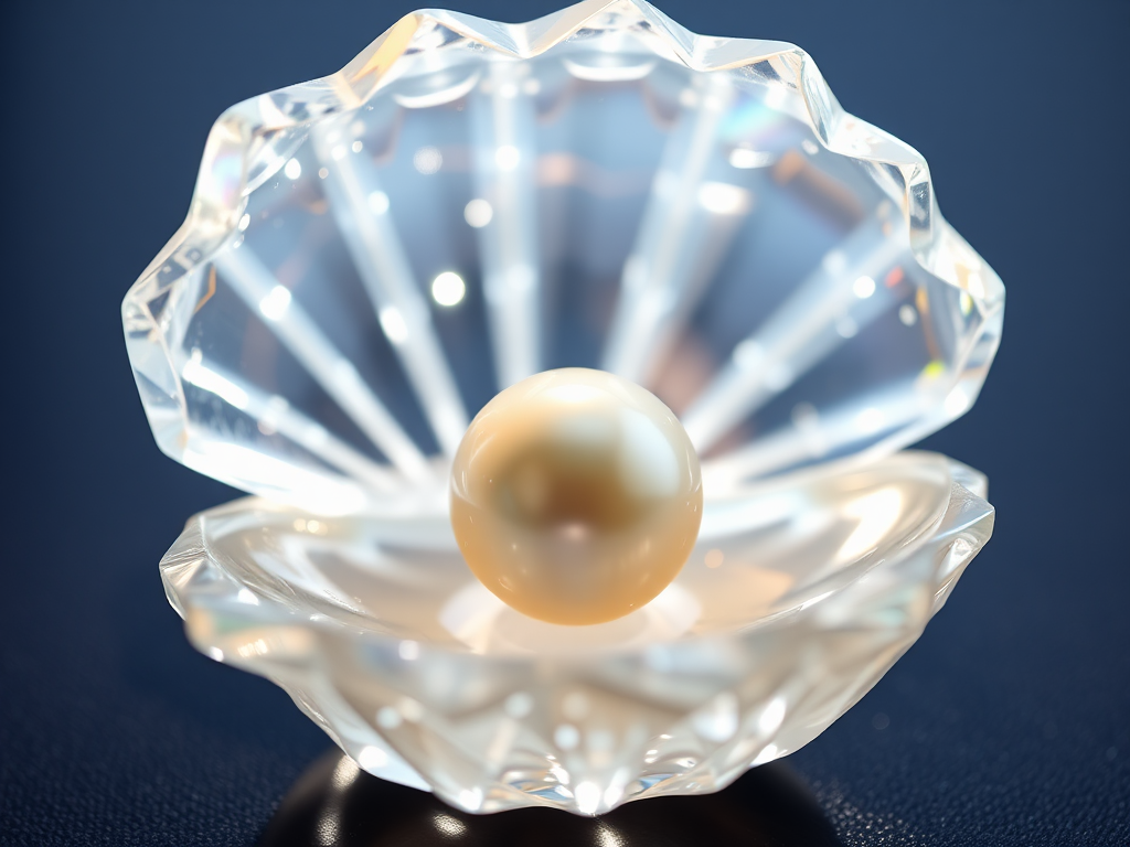 Delicate pearl in crystal shell, glimmering with refracted colors.