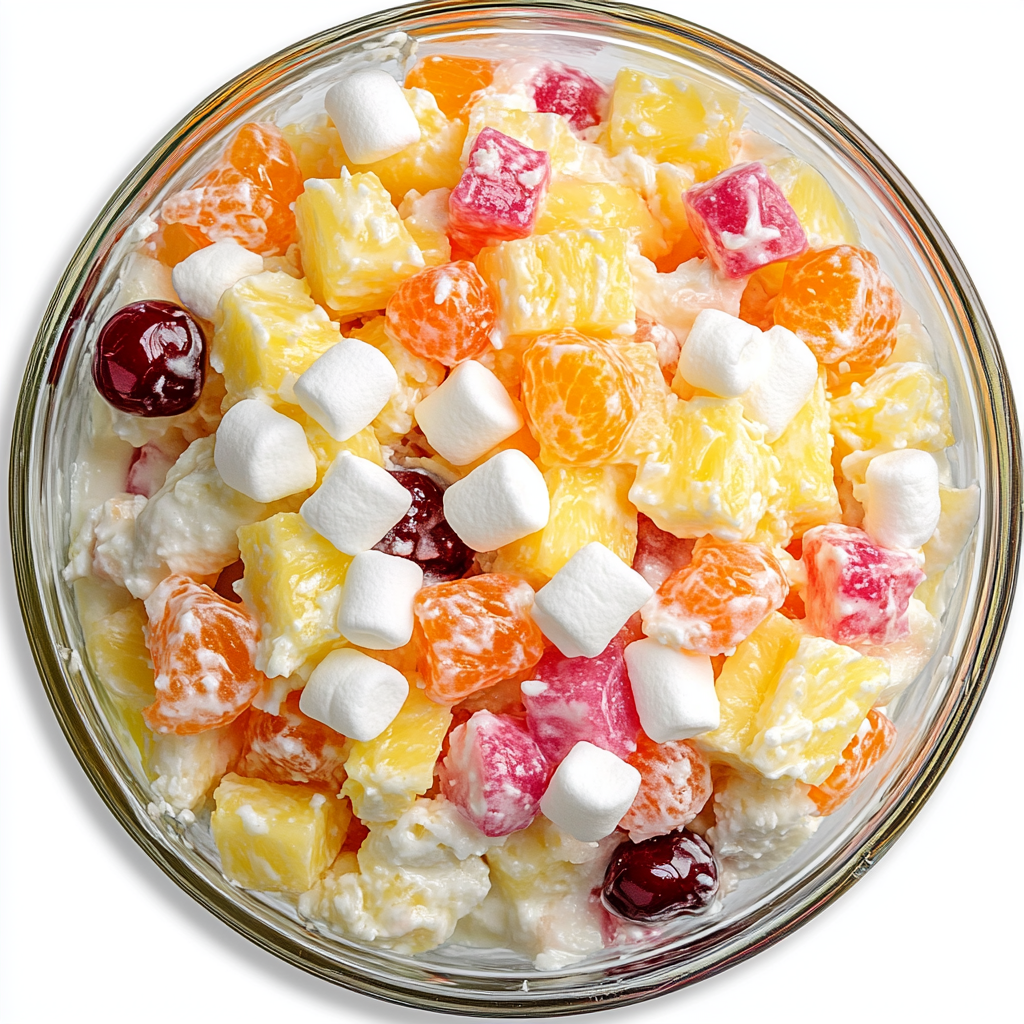 Delicious Ambrosia Salad: Pineapple, Mandarin, Marshmallow, Cherry, Coconut