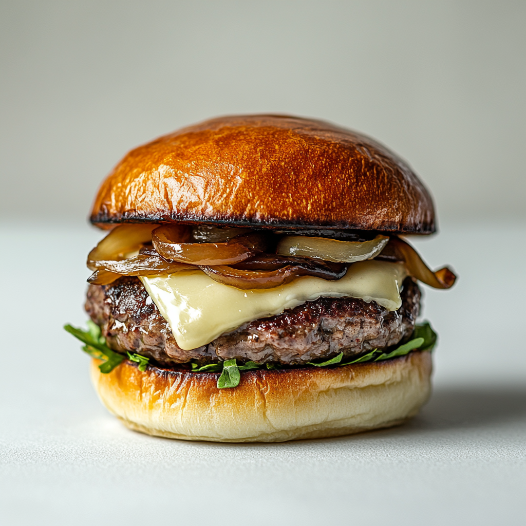 Delicious Brie Burger with Caramelized Onions and Arugula