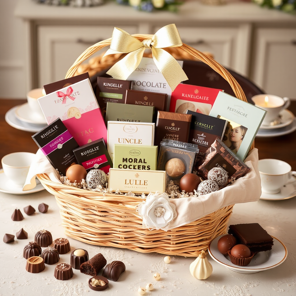 Delicious Chocolates in Fancy Basket on Table.