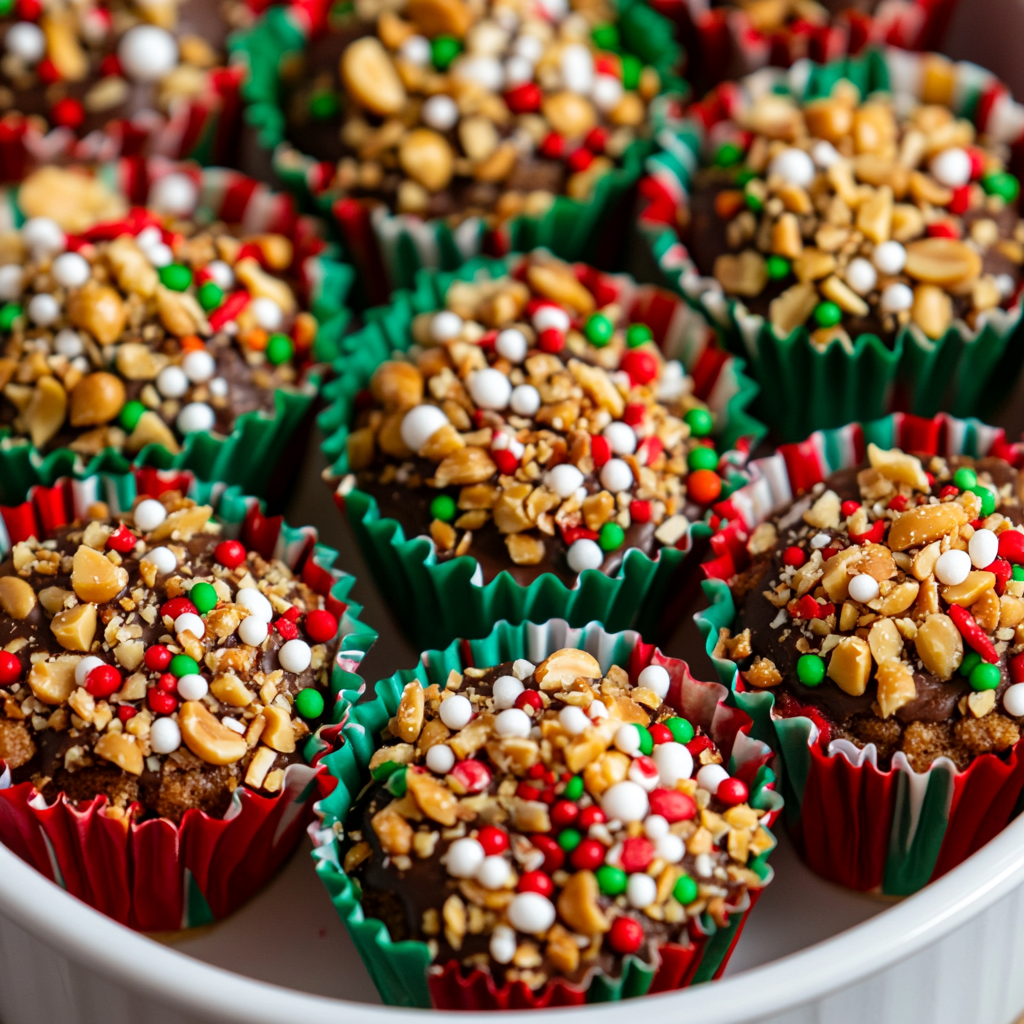 Delicious Christmas chocolate and peanut treats arrangement.