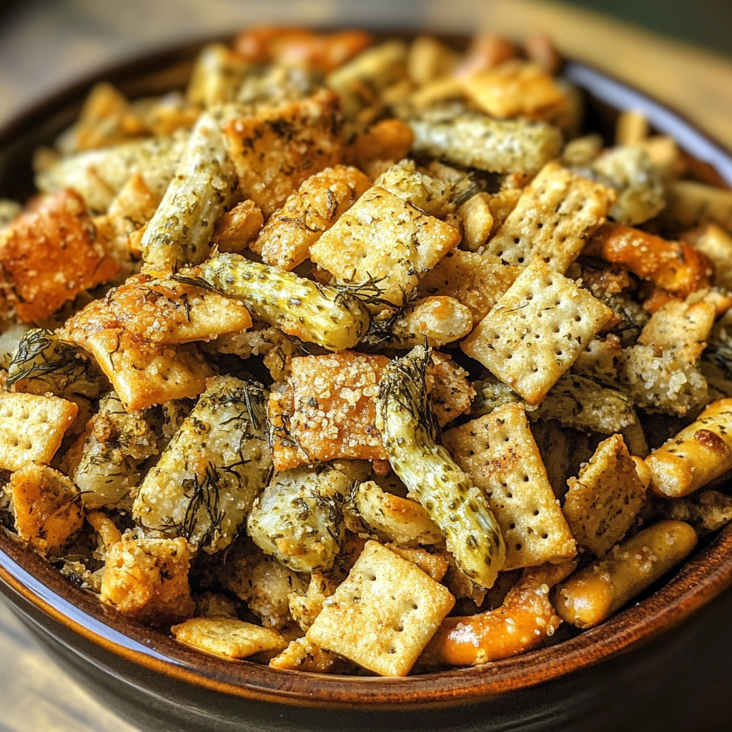 Delicious Dill Pickle Chex Mix Snack Bowl