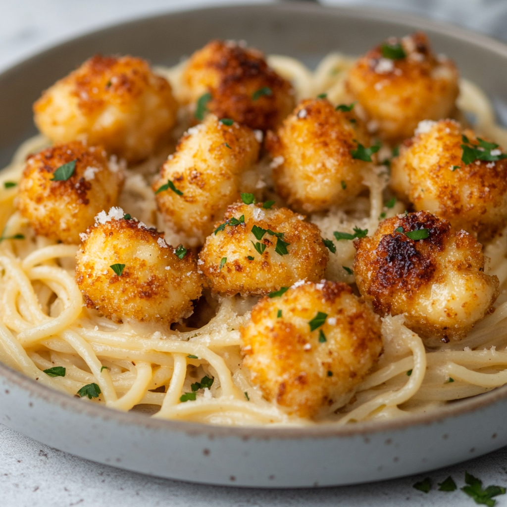 Delicious Golden Garlic Chicken Bites on Creamy Spaghetti