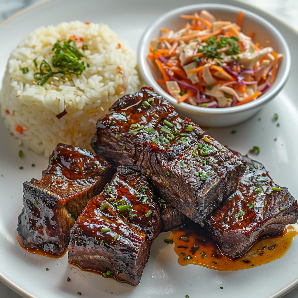 Delicious Korean beef, rice, coleslaw on white plate