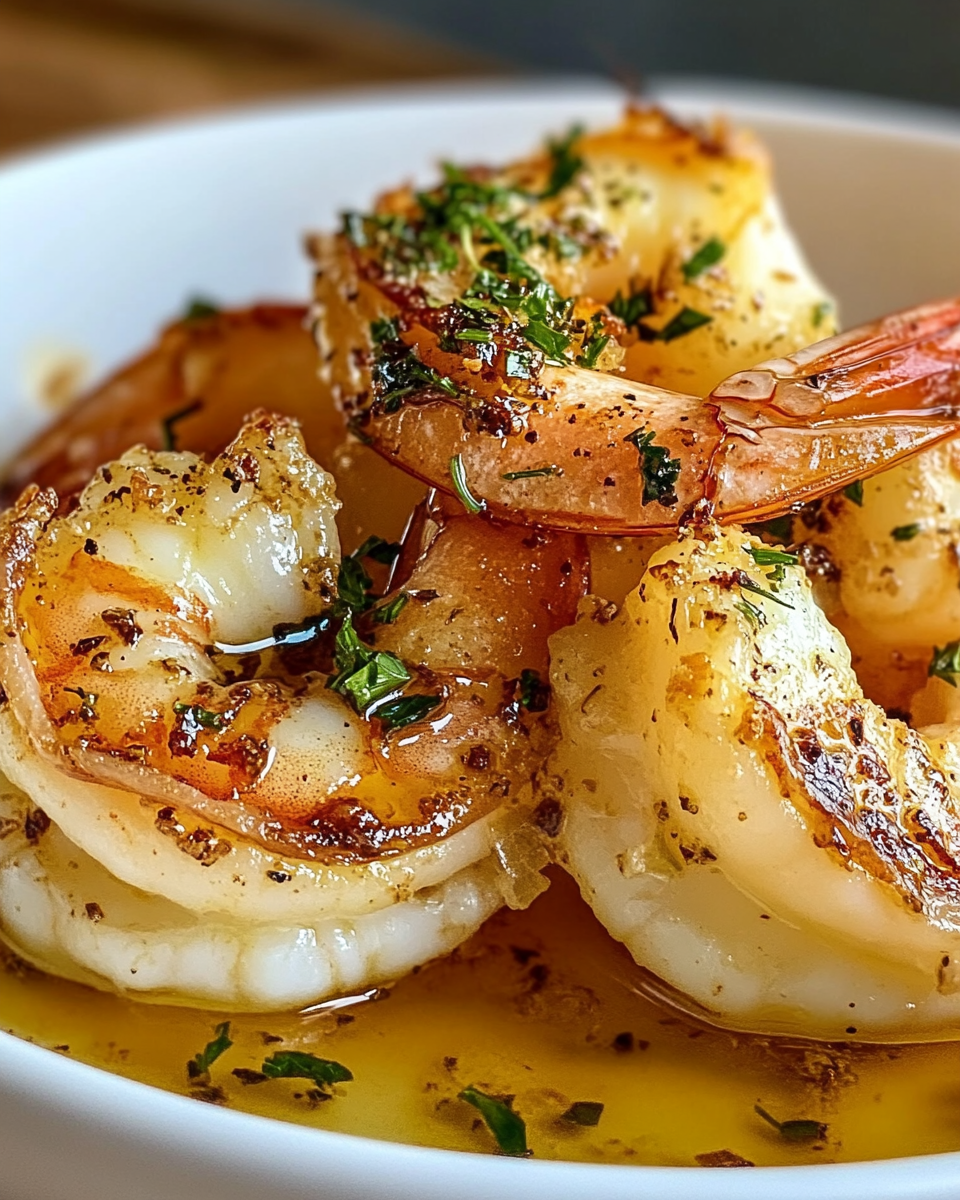 Delicious Lemon Garlic Shrimp Skewers in White Bowl.