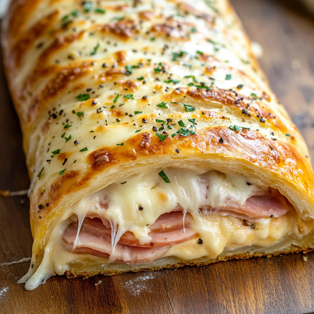 Delicious Stromboli on Wooden Board, Sliced and Stuffed.