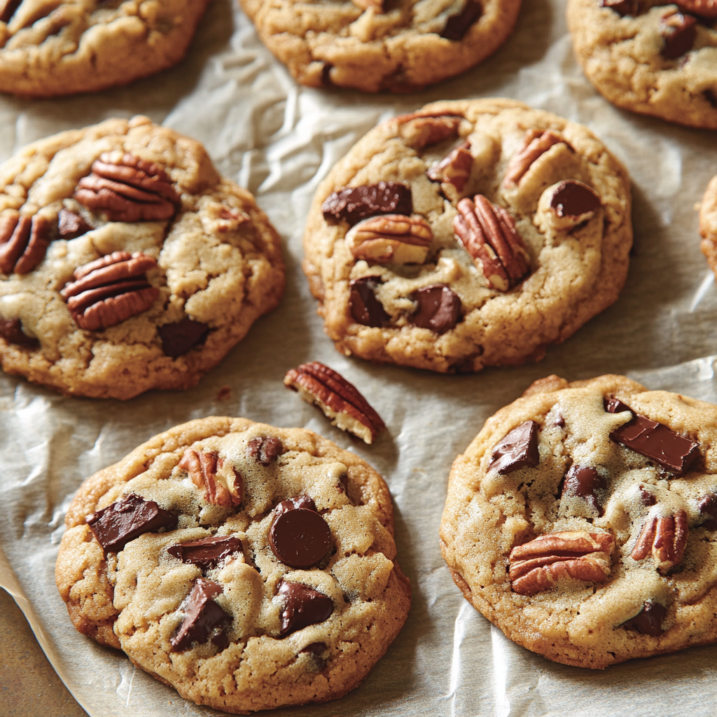 Delicious chocolate chip cookies with pecans on parchment.