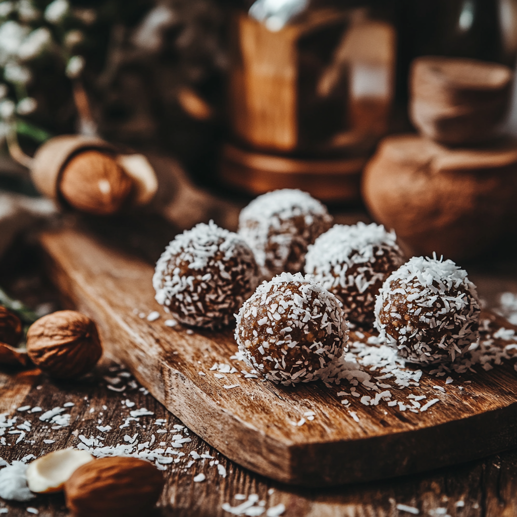 Delicious energy balls with dates, nuts, cacao and coconut