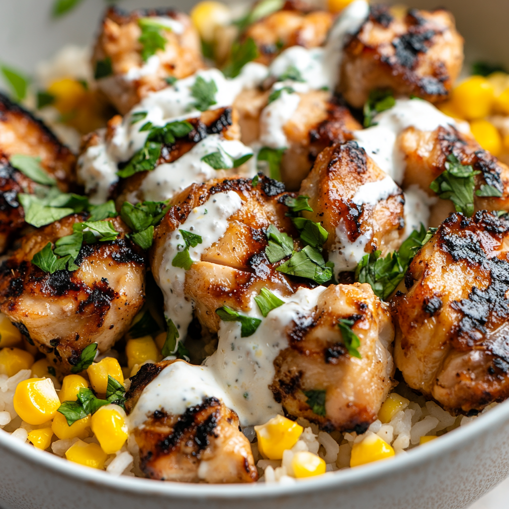 Delicious rice bowl with grilled chicken and corn