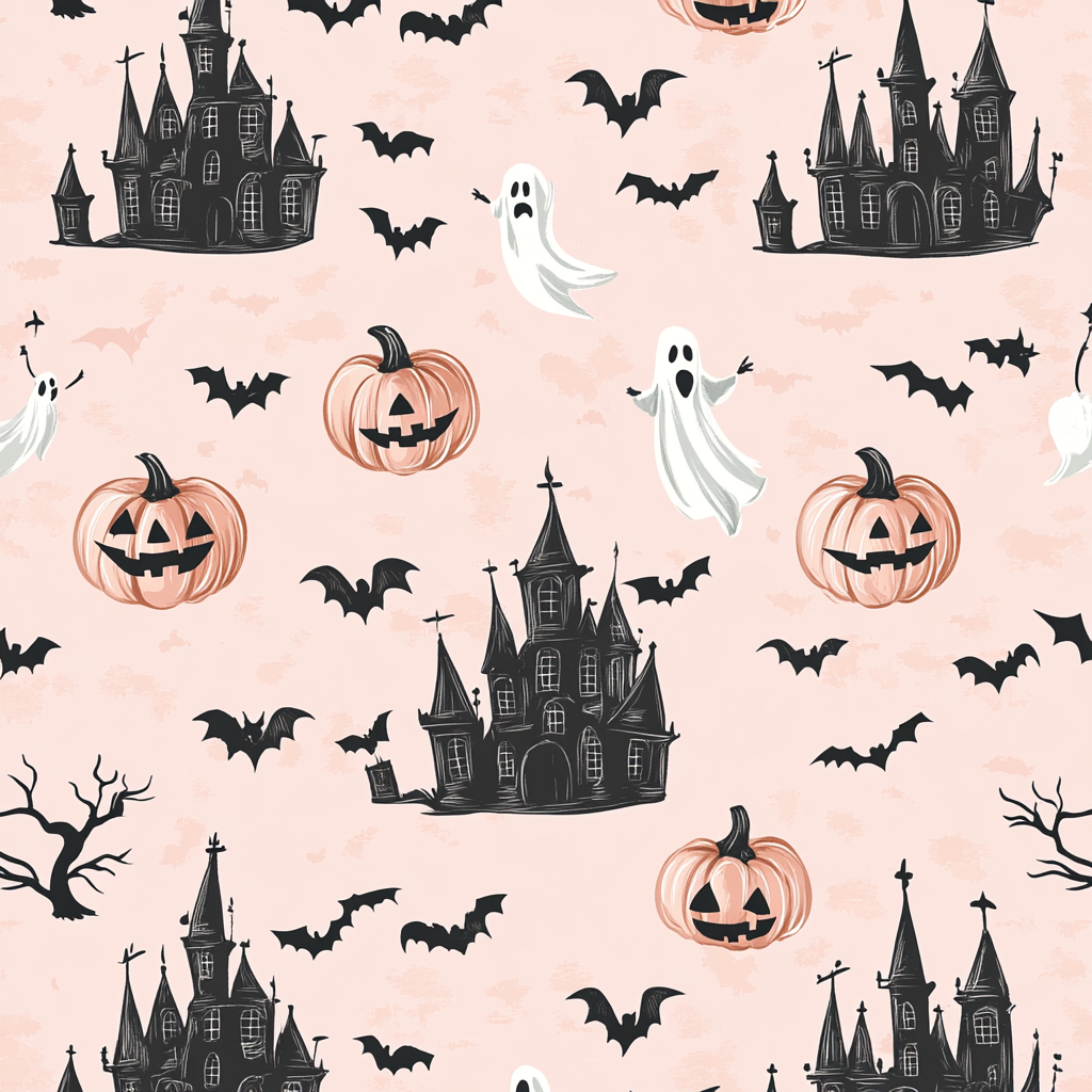 Design Halloween-themed pink pattern with bats and ghosts