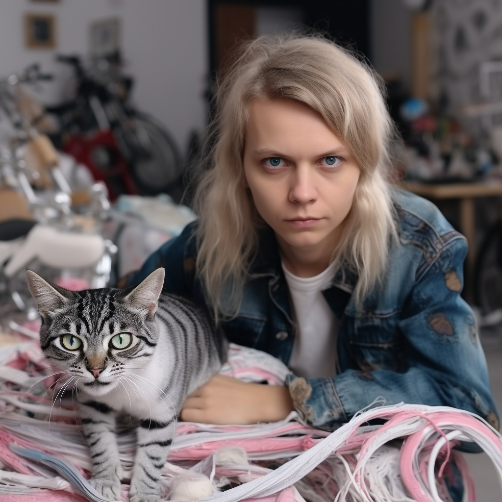 Designer holding fabric with cat in workshop.