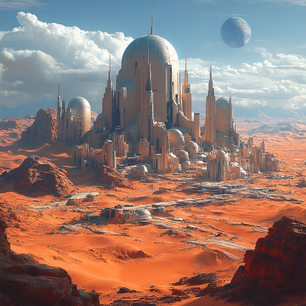 Desolate city in bright desert, space background