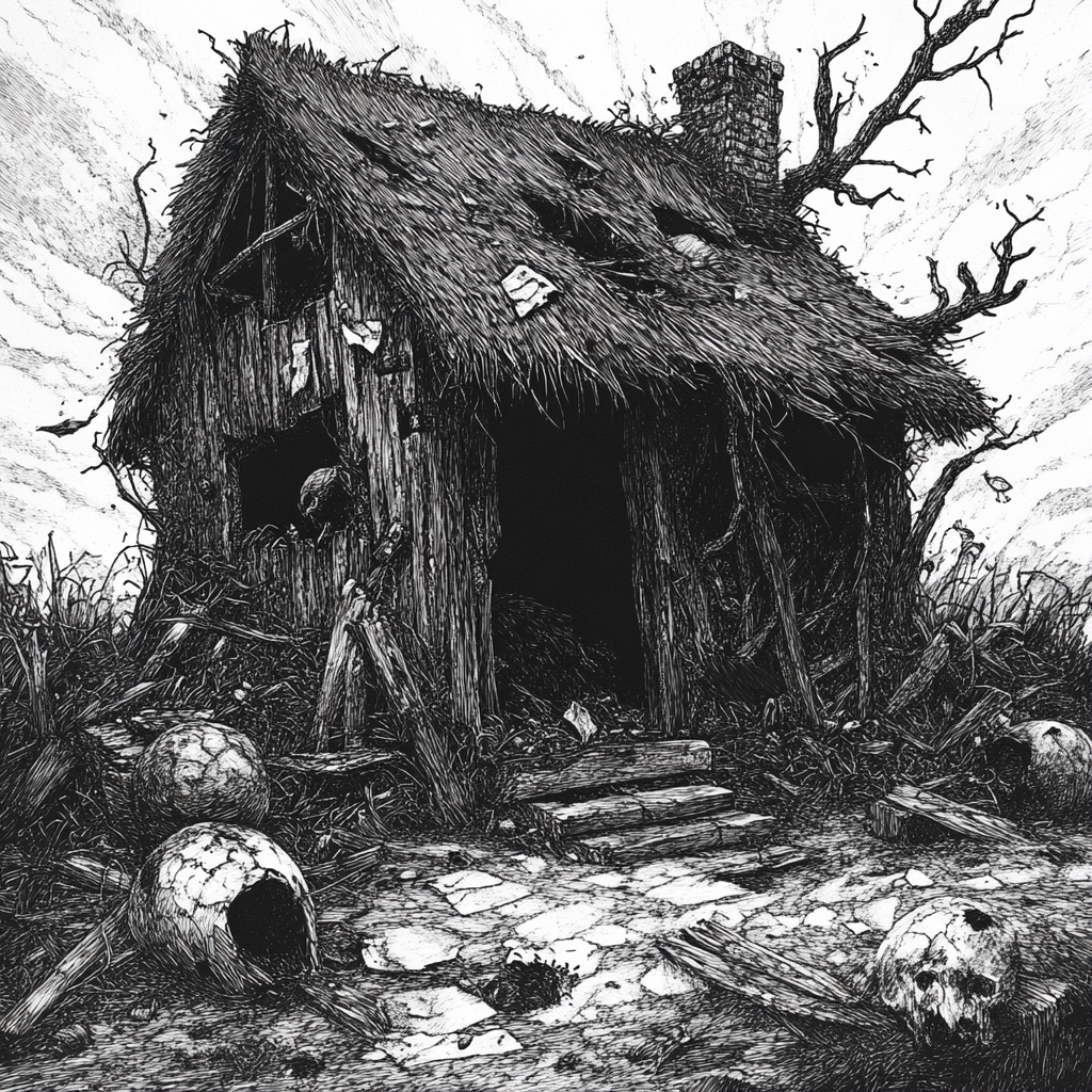 Desolate hut with cracked roof, eerie presence.