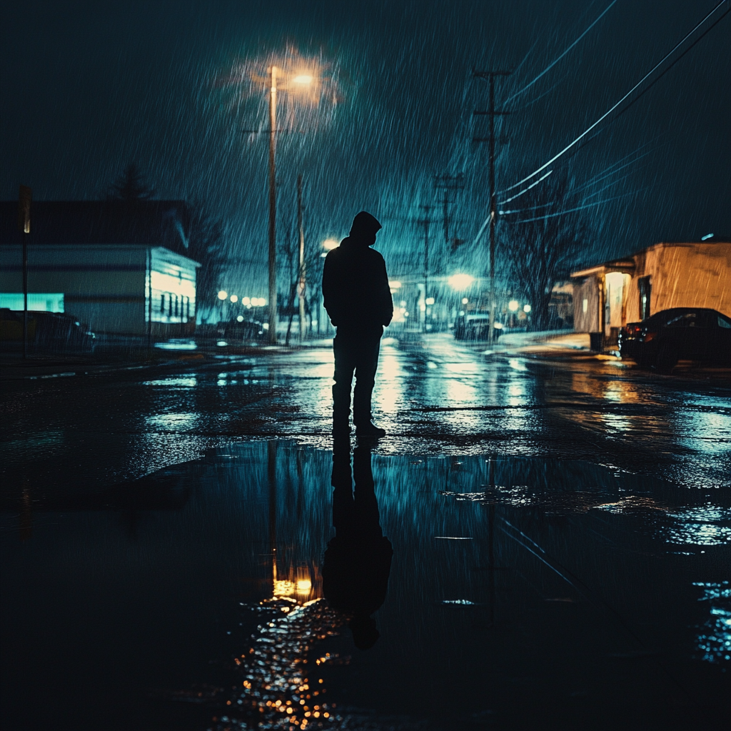 Desolate person in rain under streetlights at night