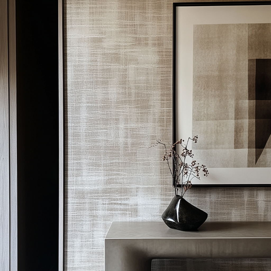 Detail of hallway wallpaper with small table corner visible.