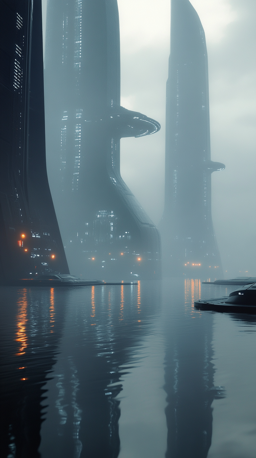 Detailed, reflective, dystopian waterfront at night in 8K.