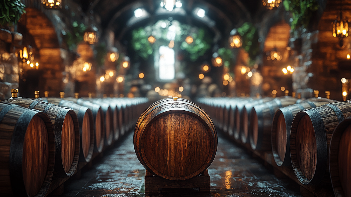 Detailed 8K photo of bourbon barrels in cellar.