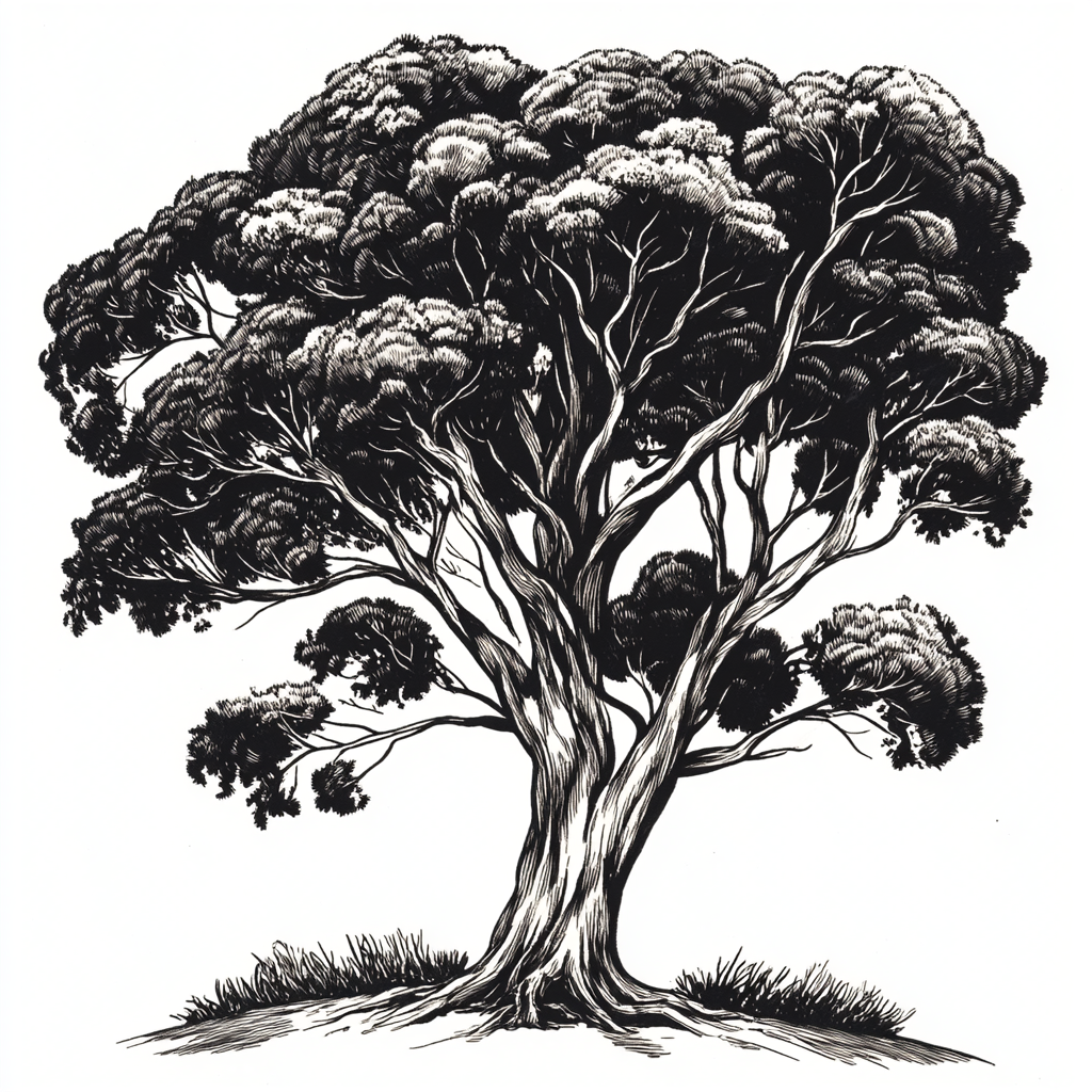 Detailed Australian Jarrah tree with thick trunk and shading.