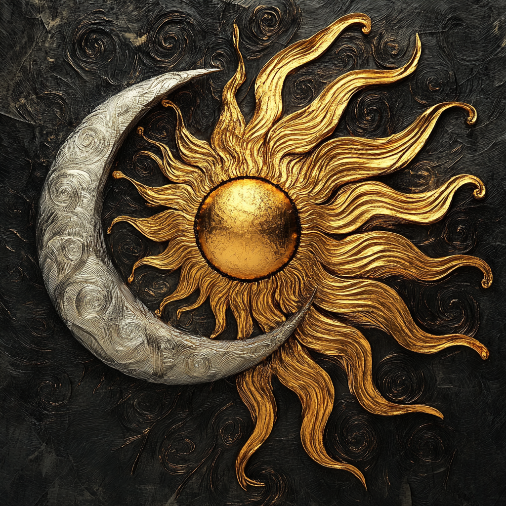 Detailed Eclipse Relief Symbolizing Unity of Sun and Moon