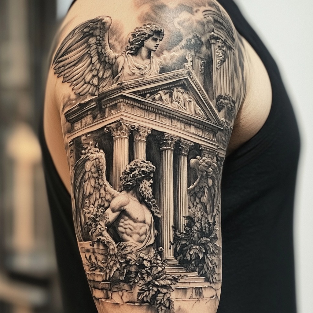 Detailed Greek church tattoo: Columns, gargoyle, angel, symbolism.