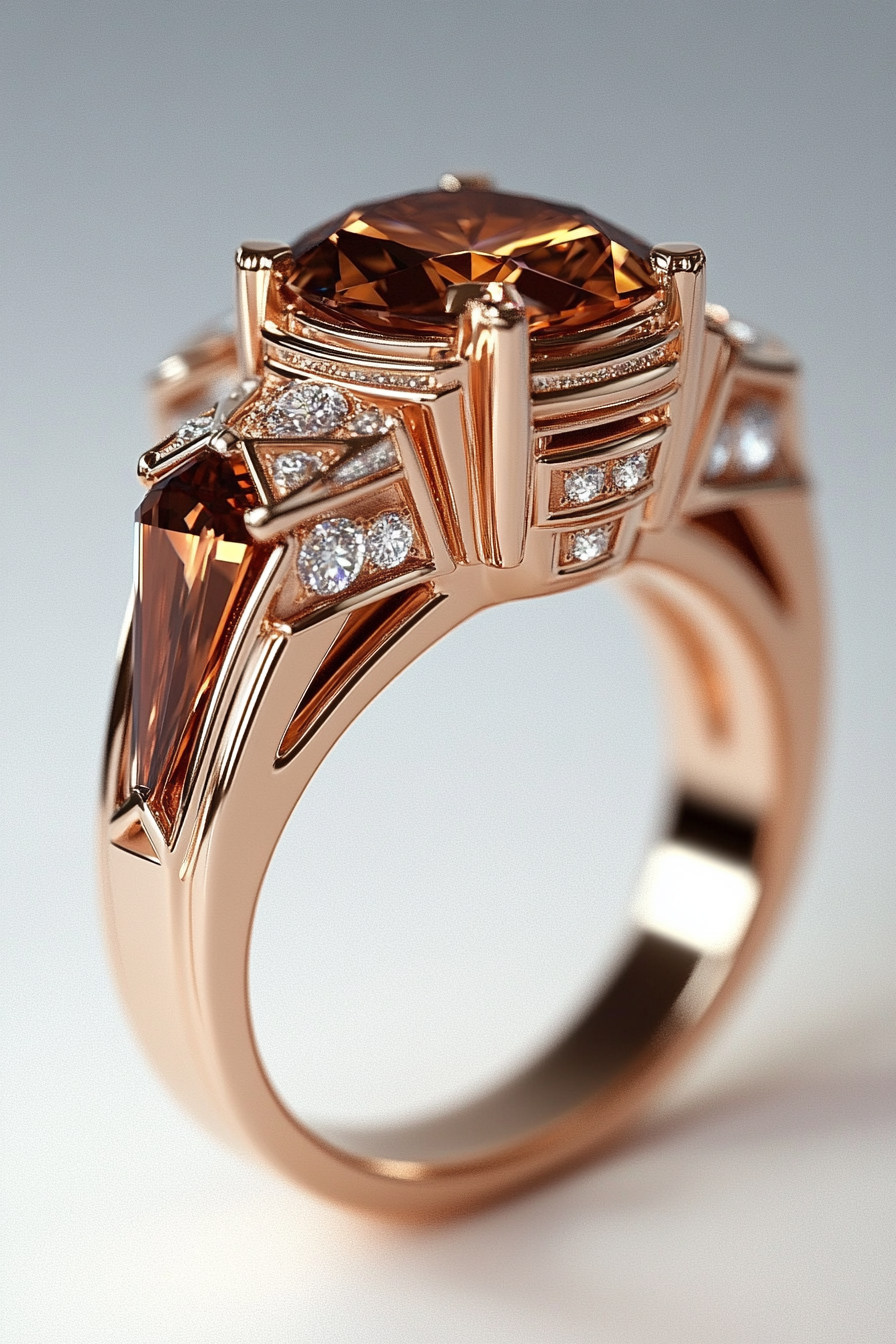 Detailed Rose Gold Ring with Diamond Emblem